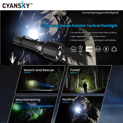 Cyansky K3 V2.0 Tactical Flashlight 2000LMS 700M - Emergency Gear Backpack