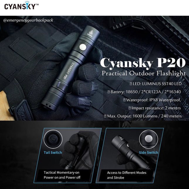 Cyansky P20 EDC Flashlight 1600 Lumens | 240M - Emergency Gear Backpack
