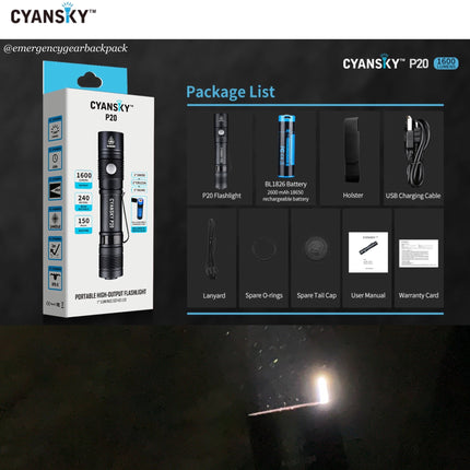 Cyansky P20 EDC Flashlight 1600 Lumens | 240M - Emergency Gear Backpack