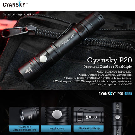 Cyansky P20 EDC Flashlight 1600 Lumens | 240M - Emergency Gear Backpack