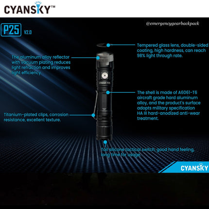 Cyansky P25 V2.0 Outdoor Flashlight 3600LMS 208M - Emergency Gear Backpack