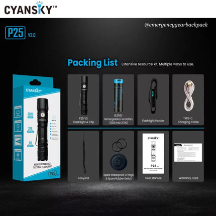 Cyansky P25 V2.0 Outdoor Flashlight 3600LMS 208M - Emergency Gear Backpack