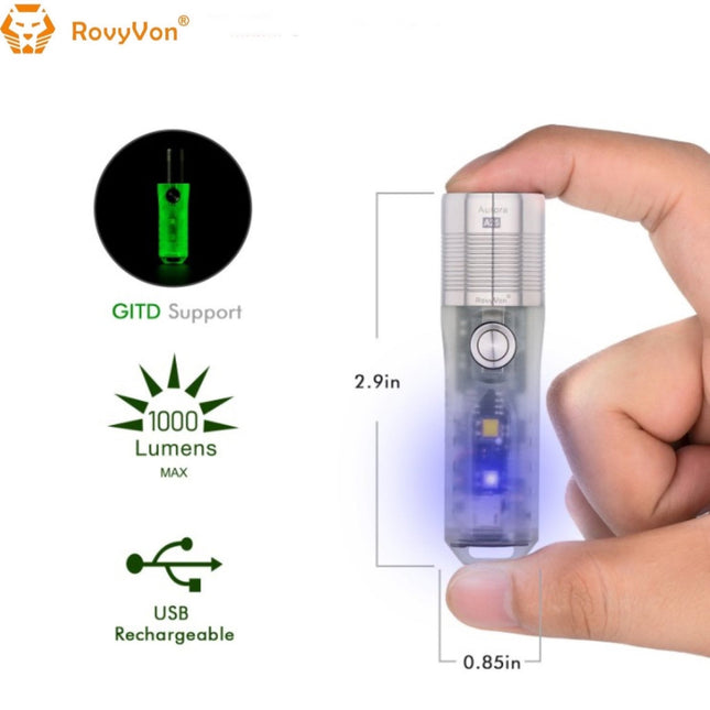 RovyVon Aurora A25 White/UV Green GITD 1000 Lumens EDC Keychain Flashlight - Emergency Gear Backpack