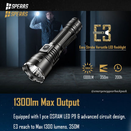 SPERAS E3 EDC Tactical Flashlight 1300 Lumens 350M - Emergency Gear Backpack