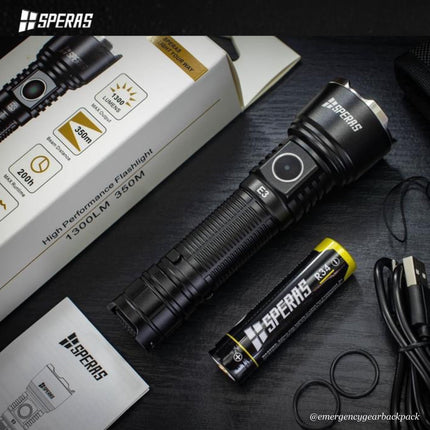 SPERAS E3 EDC Tactical Flashlight 1300 Lumens 350M - Emergency Gear Backpack