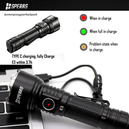 SPERAS E3 EDC Tactical Flashlight 1300 Lumens 350M - Emergency Gear Backpack