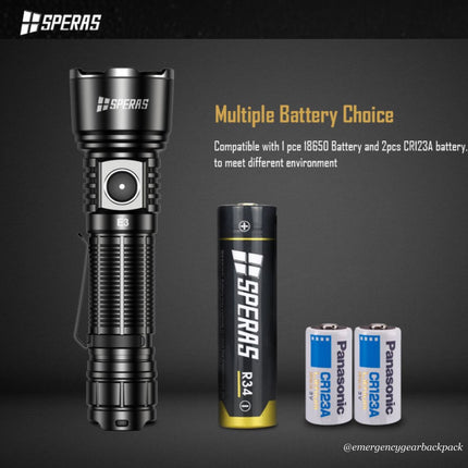 SPERAS E3 EDC Tactical Flashlight 1300 Lumens 350M - Emergency Gear Backpack