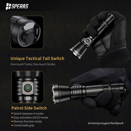 SPERAS T2 - 70 3300LMS 280M Tactical Flashlight - Emergency Gear Backpack