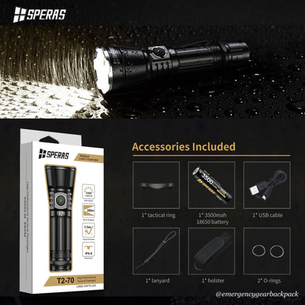 SPERAS T2 - 70 3300LMS 280M Tactical Flashlight - Emergency Gear Backpack