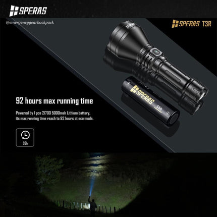 SPERAS T3R 1600 Lumens 1095M Noiseless Tactical Flashlight - Emergency Gear Backpack