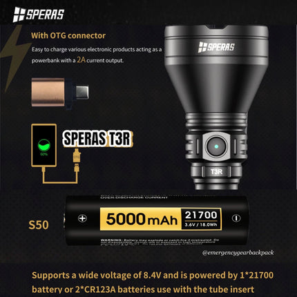 SPERAS T3R 1600 Lumens 1095M Noiseless Tactical Flashlight - Emergency Gear Backpack