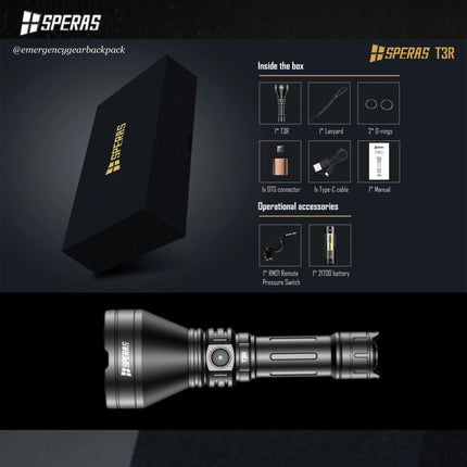 SPERAS T3R 1600 Lumens 1095M Noiseless Tactical Flashlight - Emergency Gear Backpack