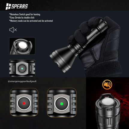 SPERAS T3R 1600 Lumens 1095M Noiseless Tactical Flashlight - Emergency Gear Backpack