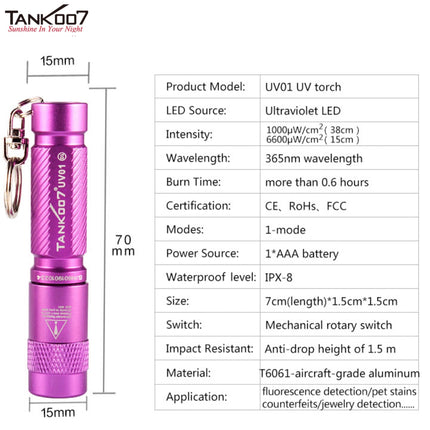 TANK007 UV01 365nm 1W Mini Keychain UV Flashlight - Emergency Gear Backpack