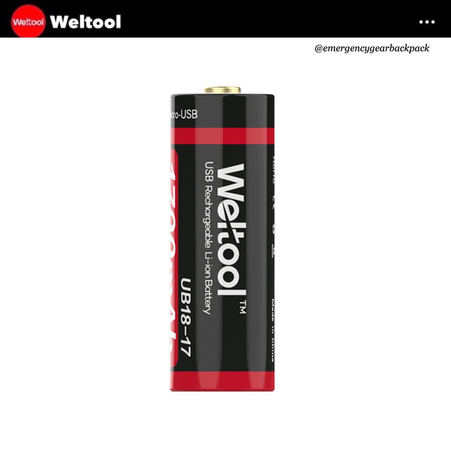 Weltool UB18 - 17 18500 1700mAh USB Rechargeable Li - ion Battery - Emergency Gear Backpack