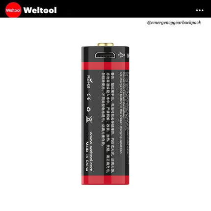 Weltool UB18 - 17 18500 1700mAh USB Rechargeable Li - ion Battery - Emergency Gear Backpack
