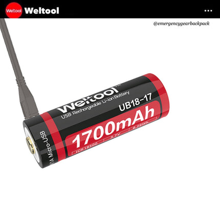 Weltool UB18 - 17 18500 1700mAh USB Rechargeable Li - ion Battery - Emergency Gear Backpack