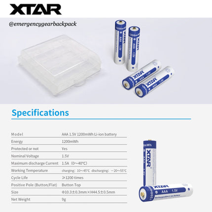XTAR 1.5V Li - ion Battery AAA 1200mWh/750mAh (Pack 4) - Emergency Gear Backpack