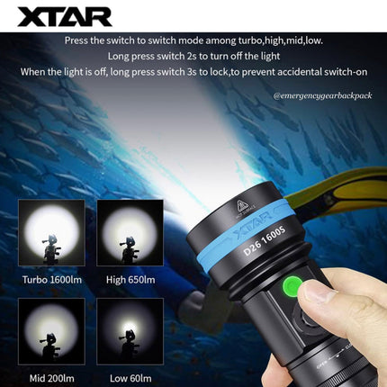 XTAR D26 1600S 100M Diving Flashlight - Emergency Gear Backpack