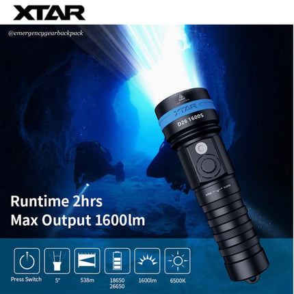 XTAR D26 1600S 100M Diving Flashlight - Emergency Gear Backpack